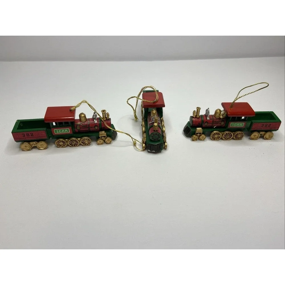 Vintage Wooden Train Christmas Ornaments Set of 3‎ ICRR 382 Steam Engine